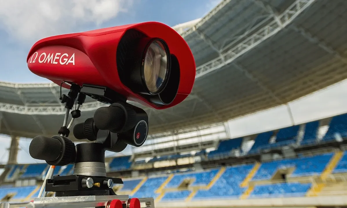 a red telescope in a stadium