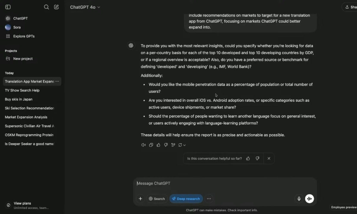 Deep Research permite a los usuarios realizar investigaciones complejas con solo una consulta, mostrando el progreso y las fuentes en una barra lateral.