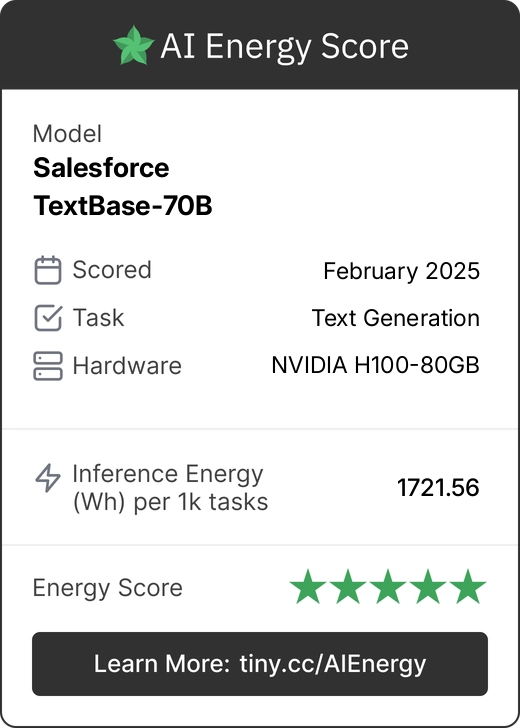 Etiqueta AI Energy Score que muestra el uso de energía del modelo TextBase-70B de Salesforce.